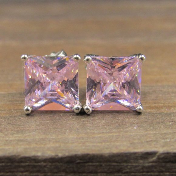 Jewelry - Sterling Small Cubic Zirconia Pink Square Earrings